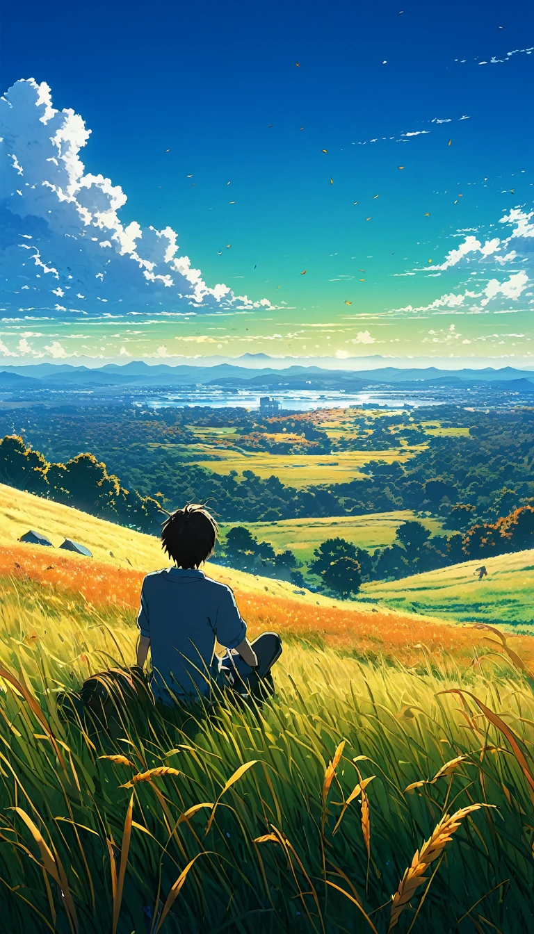 a boy sitting in an autumn meadow, viendo un vasto cielo azulcon nuvez azul oscuras, hiervas altas, cielo nublado, makoto shinkai cyril rolando, Fondo de pantalla de arte anime 4k, Fondo de pantalla de arte anime 4K, fondo animado, fondo de pantalla de arte anime 8 K, fondo animado art, Fondo De Pantalla De Paisaje De Anime, amazing wallpaper, hd wallpaper, fondo de pantalla animado 4k, fondo de pantalla animado 4k, arte de Aries Moross,arte de Bob Byerley , AshleyWoodArtAI, greg rutkowski