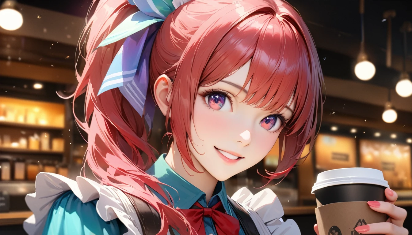 Coffee shop, Maid clothes,Carrying a coffee cup,Blur the background,High school girls,ponytail,smile,Glitter effect,Highest quality, 4K, 8k, High resolution, masterpiece:1.2, Very detailed, Realistic:1.37, High resolution, 超High resolution, Ultra-fine painting, Sharp focus, Physically Based Rendering, Very detailedな説明, Professional, Vibrant colors
