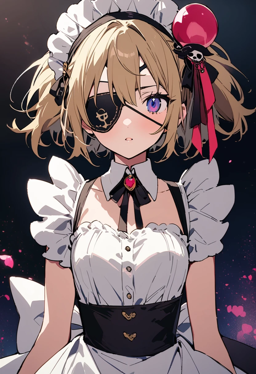 masterpiece, Highest quality, Illustration of the novel, High resolution, 18+ Adult content, Sensual, Intimate, Emotional, Passionate, romantic, sweet, Adorable, Innocent, Pure, Charmな, Charmな, Charm, mysterious, Charmな, Charmな, Immersive, Charmな, dream-like, Surreal, Imaginative, Whimsical, Artistic, Avant-garde, timeless, elegant, Sophisticated, chic, Sophisticated, personality, original, Charmな,((Maid clothes:1.3)),((Loli Pirate:1.3)),((Eye patch:1.3))、((Upper Body:1.3))