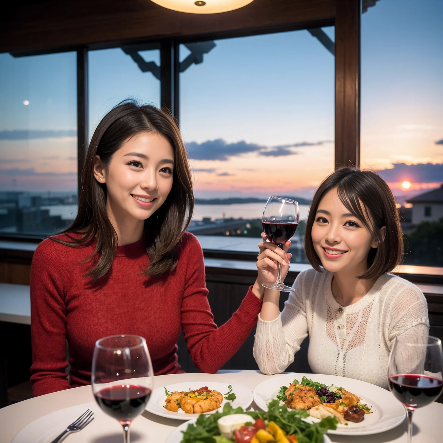 ((Highest quality、8k、masterpiece:1.3))、 (Genuineistic, Genuine、Bright image、Intricate details:1.2), 最高のsmile、1 male,1 female、Beautiful couple、spouse、Satomi Ishihara-like lover、Good friends、actress couple、smile、Full-course dinner at a packed table、 (Slim face), (the body is slim), (Brown Hair), (short hair), テーブルのwine glass、Please shine a light on my face、 Amazing view of the sunset sky and clouds、 (33 years old)38 years old, red wine 、Appetizers、Wine bottle、sparkling wine、Long sleeve shirt、dress、White wine, red wine, wine glass,