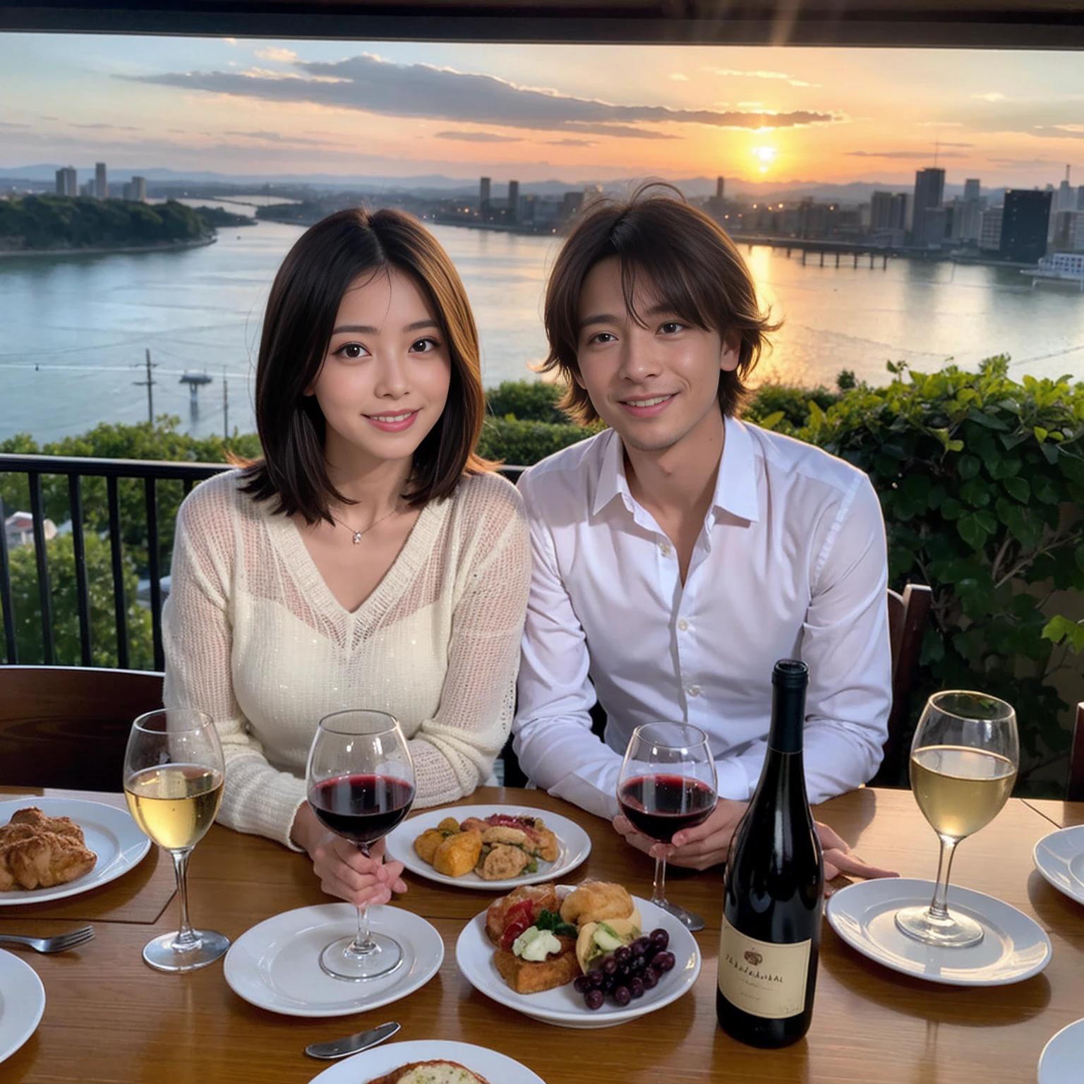 ((Highest quality、8k、masterpiece:1.3))、 (Genuineistic, Genuine、Bright image、Intricate details:1.2), 最高のsmile、1 male,1 female、Beautiful couple、spouse、Satomi Ishihara-like lover、Good friends、actress couple、smile、Full-course dinner at a packed table、 (Slim face), (the body is slim), (Brown Hair), (short hair), テーブルのwine glass、Please shine a light on my face、 Amazing view of the sunset sky and clouds、 (33 years old)38 years old, red wine 、Appetizers、Wine bottle、sparkling wine、Long sleeve shirt、dress、White wine, red wine, wine glass,