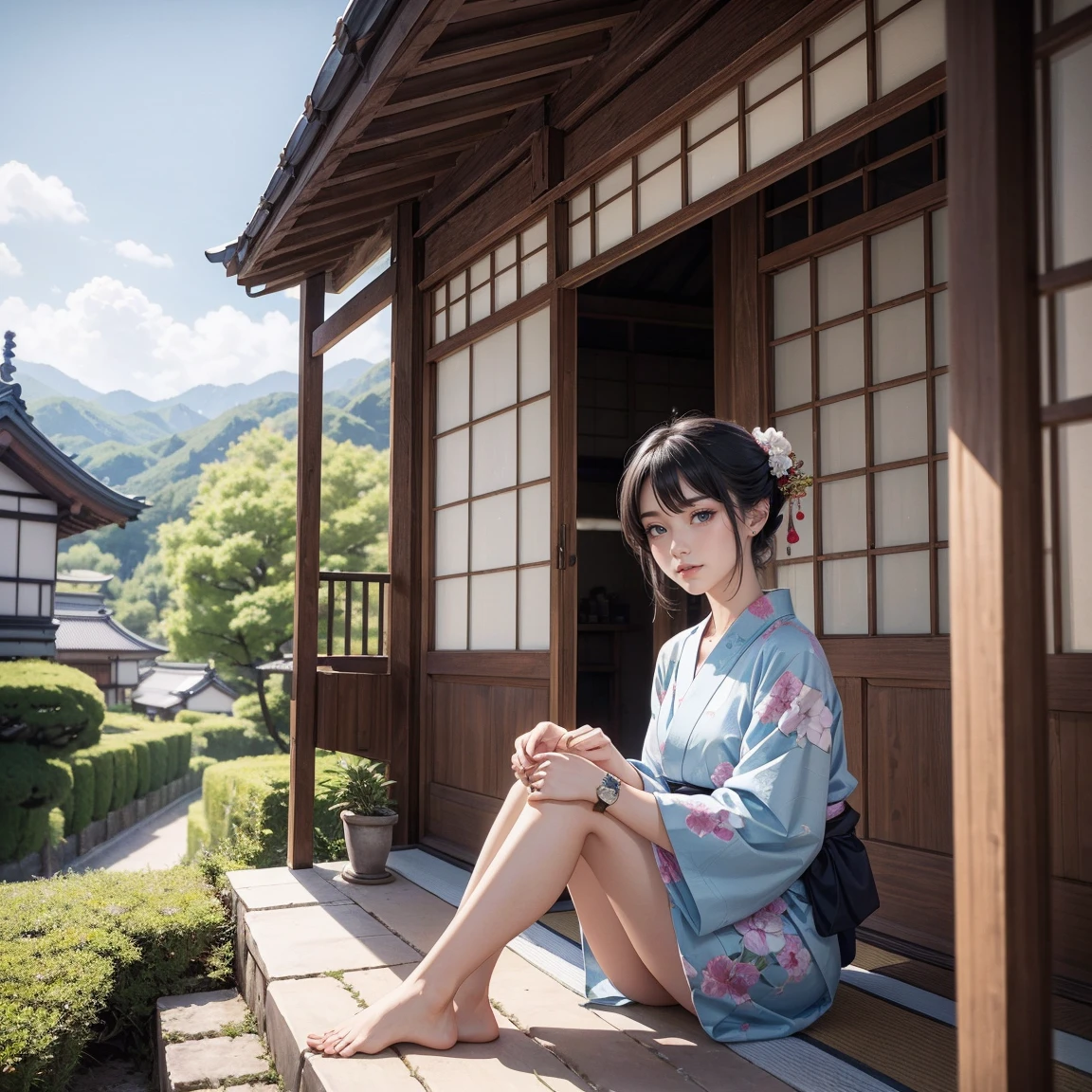 ((最high quality, 8k, masterpiece: 1.3, Ultra HD, high quality, 最high quality, High resolution, realism)) 、Beautiful Japan woman at 22 years old、Straight hair、smile、Slender body、Wear accessories on your wrist、Sitting on the balcony of a Japanese house in the countryside of Japan、summer、Wind chimes are hanging from the eaves.、barefoot、fan、In front of the balcony is a courtyard.、wear a Yukata