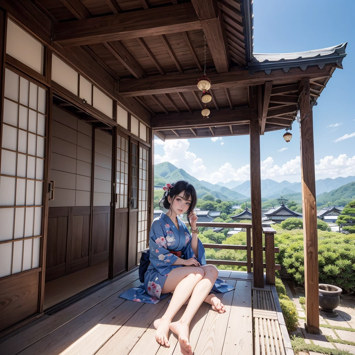 ((最high quality, 8k, masterpiece: 1.3, Ultra HD, high quality, 最high quality, High resolution, realism)) 、Beautiful Japan woman at 22 years old、Straight hair、smile、Slender body、Wear accessories on your wrist、Sitting on the balcony of a Japanese house in the countryside of Japan、summer、Wind chimes are hanging from the eaves.、barefoot、fan、In front of the balcony is a courtyard.、wear a Yukata