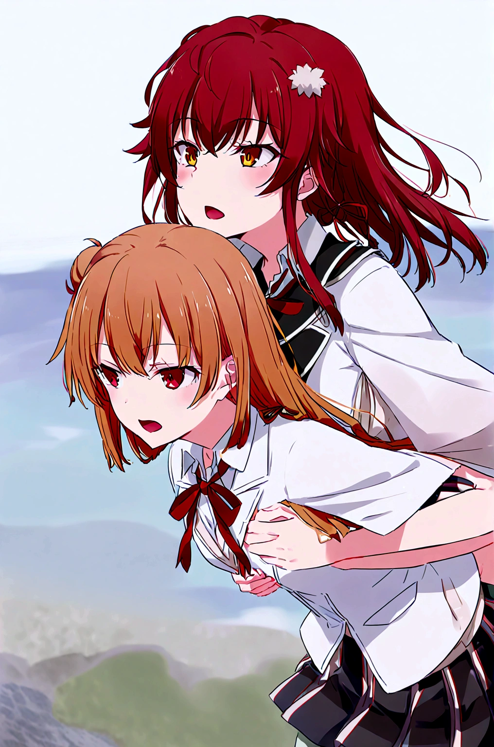2 grils Yuigahama Yui giving yukino yukinoshita piggyback ride, Yukinoshita Yukino takes a piggyback ride, size difference, yukino Yukinoshita,
