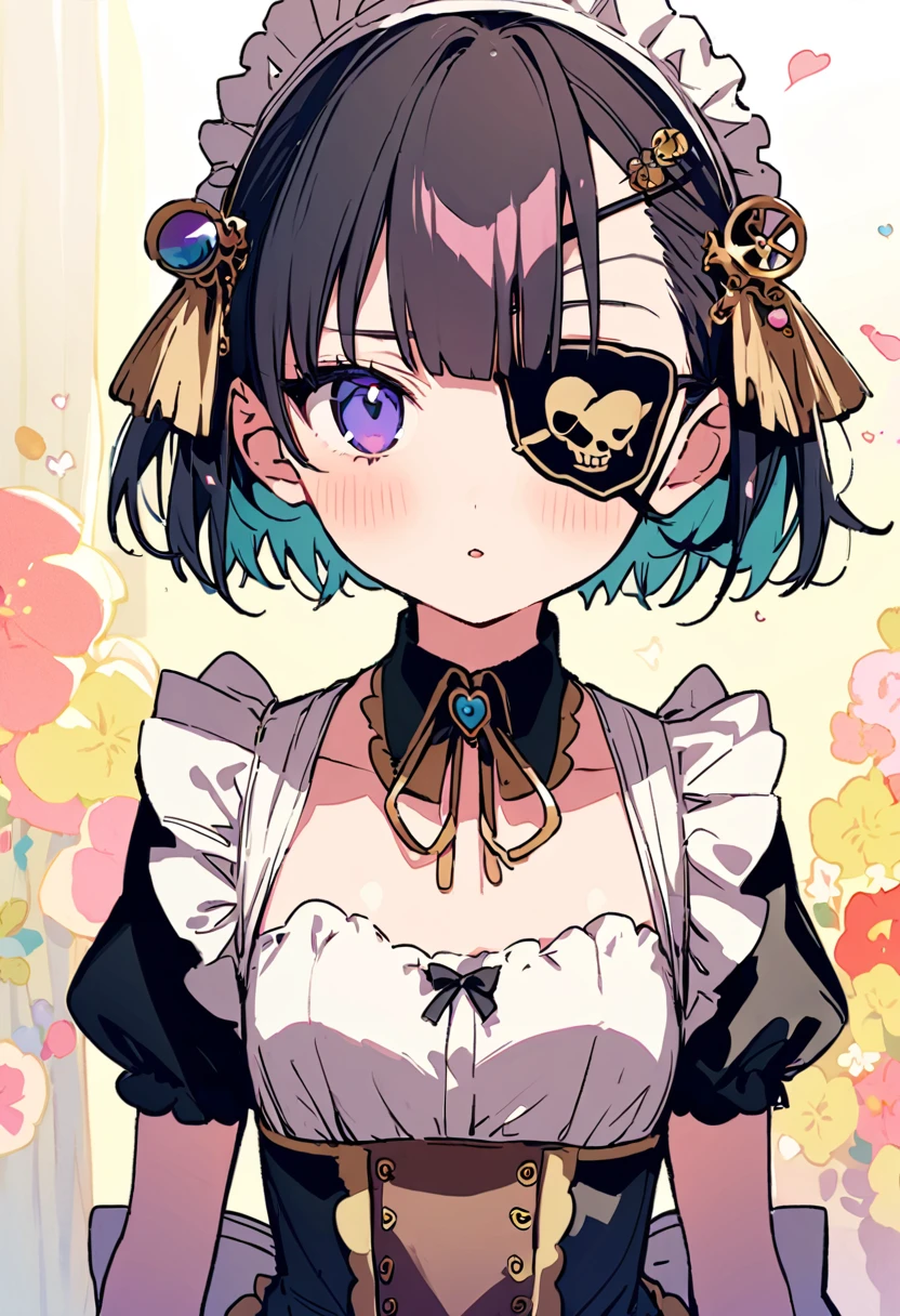masterpiece, Highest quality, Illustration of the novel, High resolution, 18+ Adult content, Sensual, Intimate, Emotional, Passionate, romantic, sweet, Adorable, Innocent, Pure, Charmな, Charmな, Charm, mysterious, Charmな, Charmな, Immersive, Charmな, dream-like, Surreal, Imaginative, Whimsical, Artistic, Avant-garde, timeless, elegant, Sophisticated, chic, Sophisticated, personality, original, Charmな,((Maid clothes:1.3)),(( Pirate:1.3)),((Eye patch:1.3))、((Upper Body:1.3))