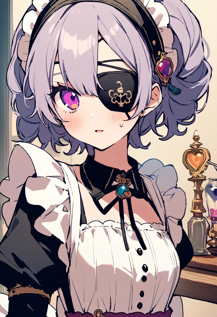 masterpiece, Highest quality, Illustration of the novel, High resolution, 18+ Adult content, Sensual, Intimate, Emotional, Passionate, romantic, sweet, Adorable, Innocent, Pure, Charmな, Charmな, Charm, mysterious, Charmな, Charmな, Immersive, Charmな, dream-like, Surreal, Imaginative, Whimsical, Artistic, Avant-garde, timeless, elegant, Sophisticated, chic, Sophisticated, personality, original, Charmな,((Maid clothes:1.3)),((Loli Pirate:1.3)),((Eye patch:1.3))、((Upper Body:1.3))