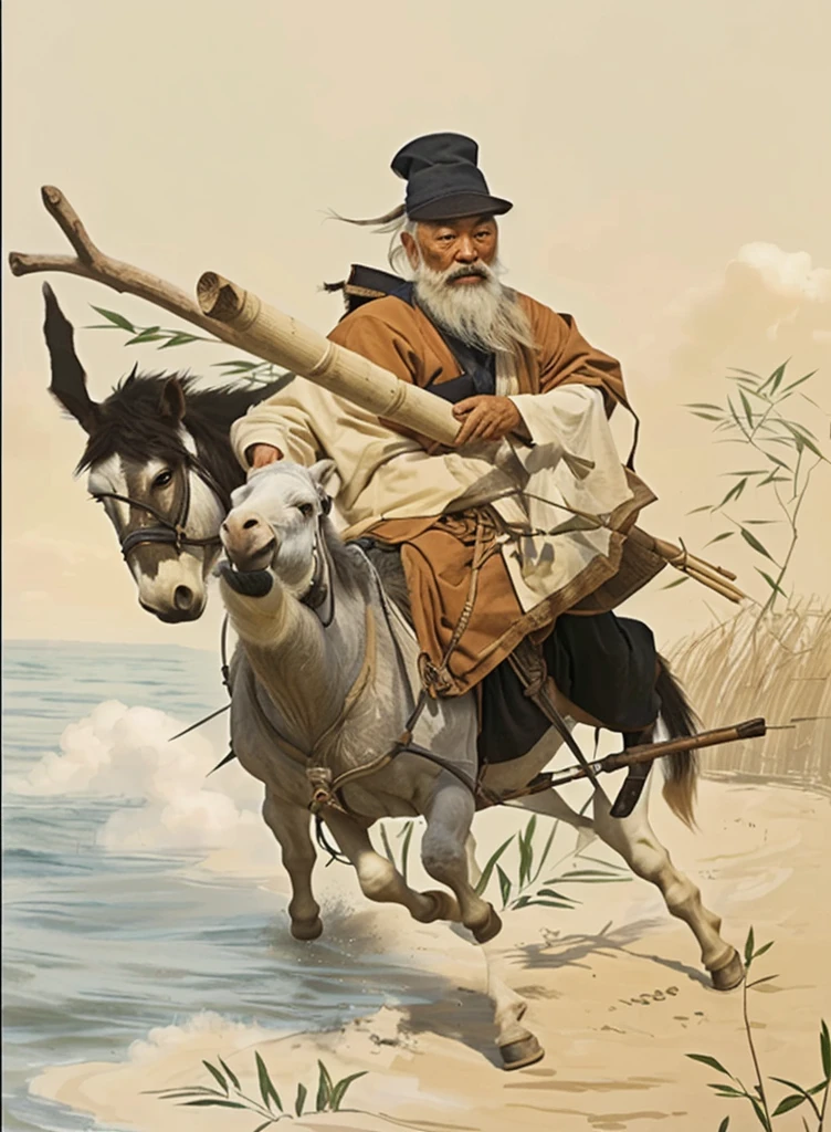 a chinese old man touching his white beard and riding a realistic donkey, holding a bamboo with a Y stick inside the bamboo, donkey walk on cloud, ocean background, 