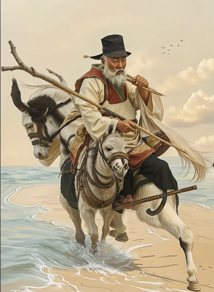 a chinese old man touching his white beard and riding a realistic donkey, holding a bamboo with a Y stick inside the bamboo, donkey walk on cloud, ocean background, 