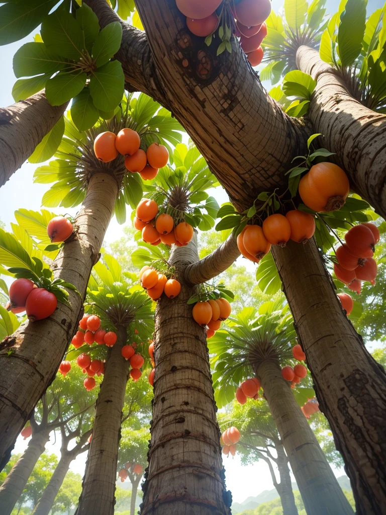 there are many frutas growing on the tree in the garden, tropical fruta,altamente colorido, muito colorido, imagem colorida, Maravilhosamente colorido, vibrante e colorido, rico colorido, Natureza bela, EXTREMAMENTE COLORIDO, colorido e vibrante, vivid and colorful, lindas cores vibrantes fruta trees, abundant frutaion seeds, jungle fruta, kuntilanak in the bayan tree, tawa trees, an alien fruta, lush fertile fruitful, melancias, manga, fruta, ❤🔥🍄🌪, Sasai Ukon Masanao, garden with frutas on trees