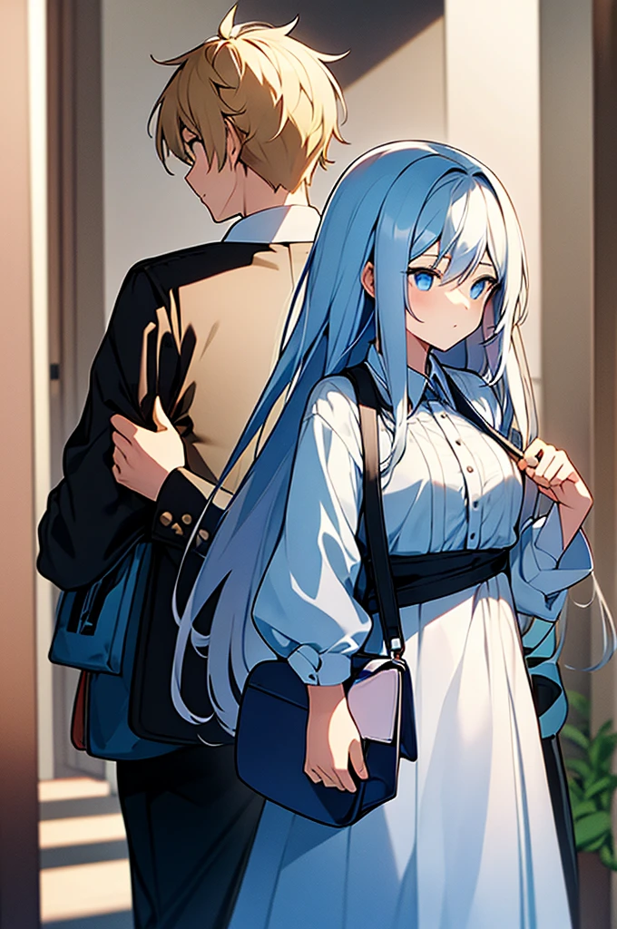 The girl has long blue domain white hair with the boy has blonde hair standing side by side carrying bags 