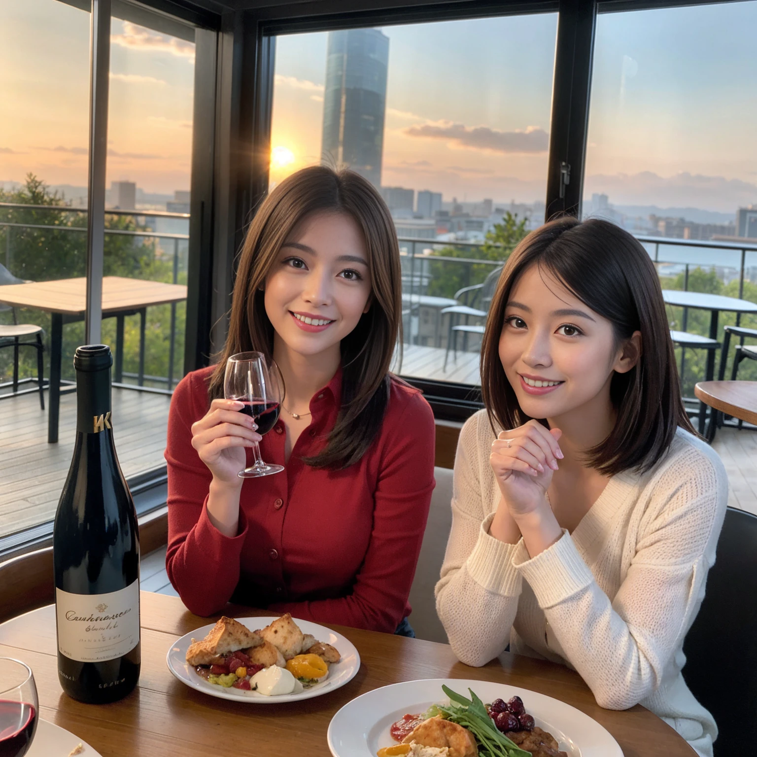 ((Highest quality、8k、masterpiece:1.3))、 (Genuineistic, Genuine、Bright image、Intricate details:1.2), 最高のsmile、1 male,1 female、Beautiful couple、spouse、Satomi Ishihara-like lover、Good friends、actress couple、smile、Full-course dinner at a packed table、 (Slim face), (the body is slim), (Brown Hair), (short hair), テーブルのwine glass、Please shine a light on my face、 Amazing view of the sunset sky and clouds、 (40 years old)38 years old, red wine 、Appetizers、Wine bottle、sparkling wine、Long sleeve shirt、dress、White wine, red wine, wine glass,