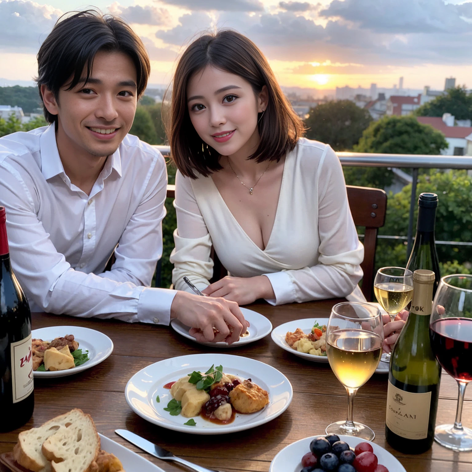 ((Highest quality、8k、masterpiece:1.3))、 (Genuineistic, Genuine、Bright image、Intricate details:1.2), 最高のsmile、1 male,1 female、Beautiful couple、spouse、Satomi Ishihara-like lover、Good friends、actress couple、smile、Full-course dinner at a packed table、 (Slim face), (the body is slim), (Brown Hair), (short hair), テーブルのwine glass、Please shine a light on my face、 Amazing view of the sunset sky and clouds、 (40 years old)38 years old, red wine 、Appetizers、Wine bottle、sparkling wine、Long sleeve shirt、dress、White wine, red wine, wine glass, 