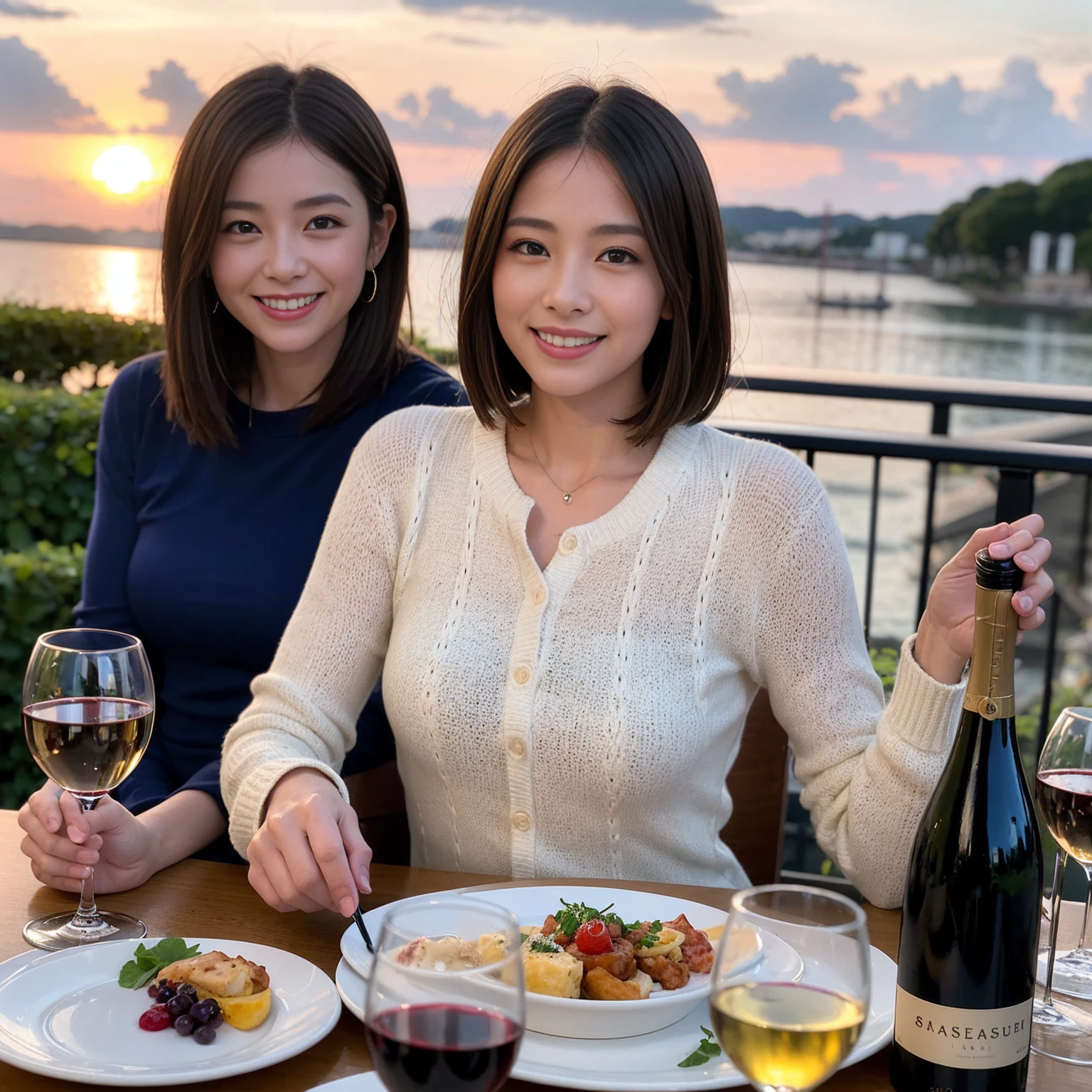 ((Highest quality、8k、masterpiece:1.3))、 (Genuineistic, Genuine、Bright image、Intricate details:1.2), 最高のsmile、1 male,1 female、Beautiful couple、spouse、Satomi Ishihara-like lover、Good friends、actress couple、smile、Full-course dinner at a packed table、 (Slim face), (the body is slim), (Brown Hair), (short hair), テーブルのwine glass、Please shine a light on my face、 Amazing view of the sunset sky and clouds、 (40 years old)38 years old, red wine 、Appetizers、Wine bottle、sparkling wine、Long sleeve shirt、dress、White wine, red wine, wine glass,