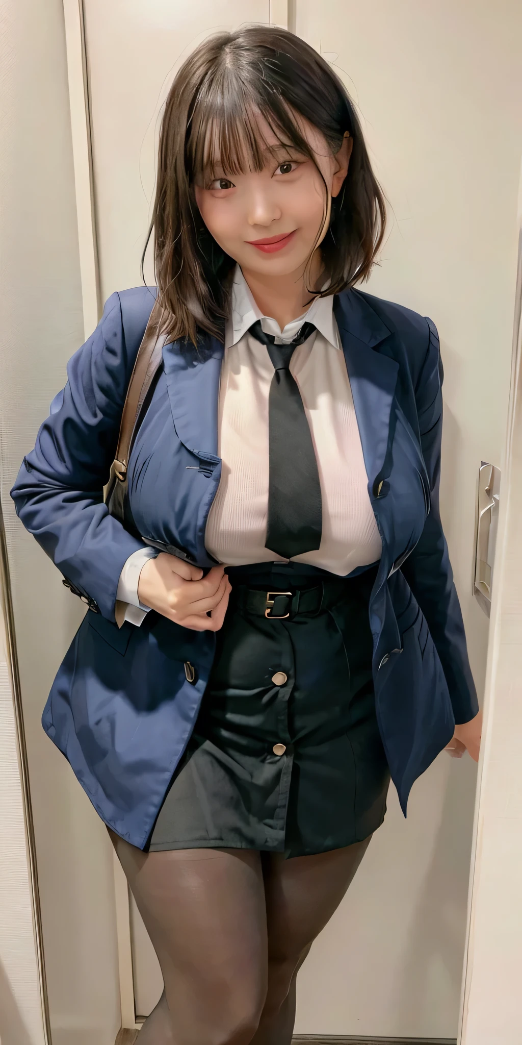 (8k, Highest quality, Raw quality, masterpiece:1.2), (Realistic, Photorealistic:1.37), Ultra-detailed, Very busty girl, (Very large breasts bigger than a face:1.75), (Button gap), Esbian all over, outside of home, (Tuned Hair:1.5) office lady, black office blazer, Office Skirt, (pantyhose: 1.2)、(Short Button Down Shirt:1.2)、Button-up collar prim、Button-down collar prim、here、(pantyhose:1.2)、Alpha Layer、High heels、Earrings Beautiful、cute、solo、Beautifully detailed skies、(Laughter:1.15)、(Mouth closed)、Very large face and larger breasts、Beautiful details in the eyes、business suit、(Straight Long Hair:1.75)、Floating hair NovaFrogStyle、