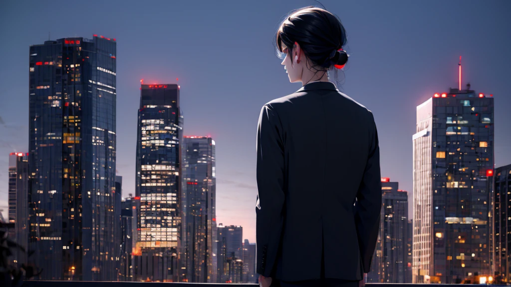 1 girl, medium light black hair, light blue eyes, wearing black suit, night city, 18+ , high res, ultrasharp, 8K, masterpiece, looking from behind