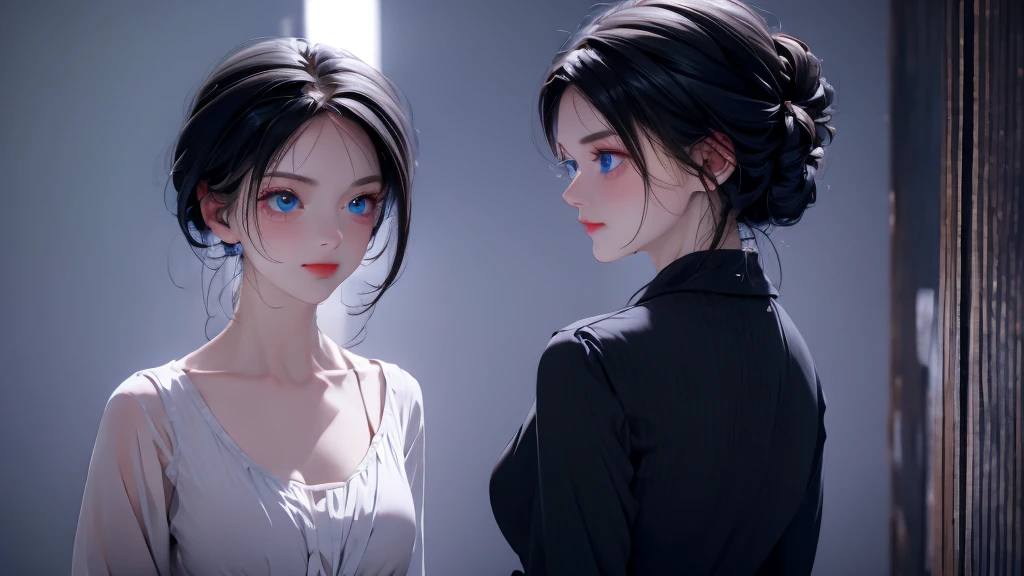 1 girl, medium light black hair, light blue eyes, wearing black suit, night city, 18+ , high res, ultrasharp, 8K, masterpiece, looking from behind
