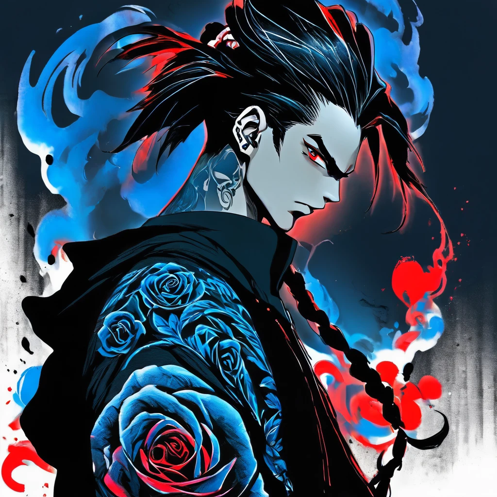 solo, handsome, Monochrome,watercolor,1 male, Ponytail, Braided black hair, red eyes, Gojo Satoru,casual,Blue Rose Tattoo,black Oversized hoodie,casual,Stylish,cool,
blackbackground,icon,Despise face up