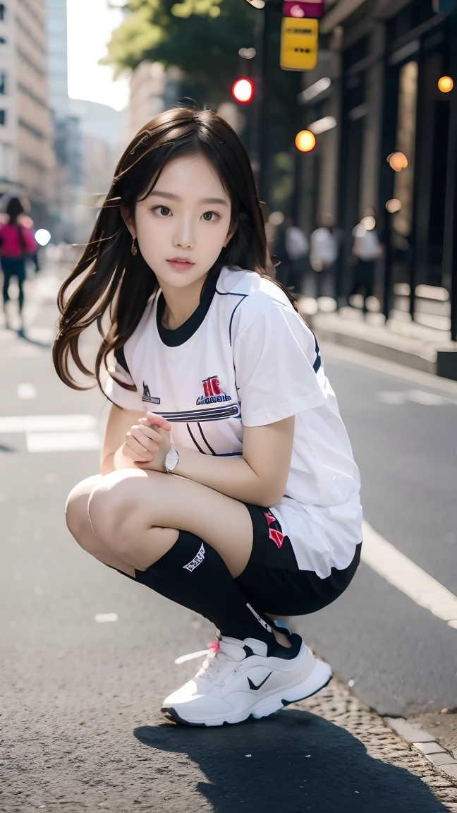ultra realistic, 8k, maximum detail, A girl, long black hair, twin tails pig, onnte park, sitting on a bench, usa shorts beige,