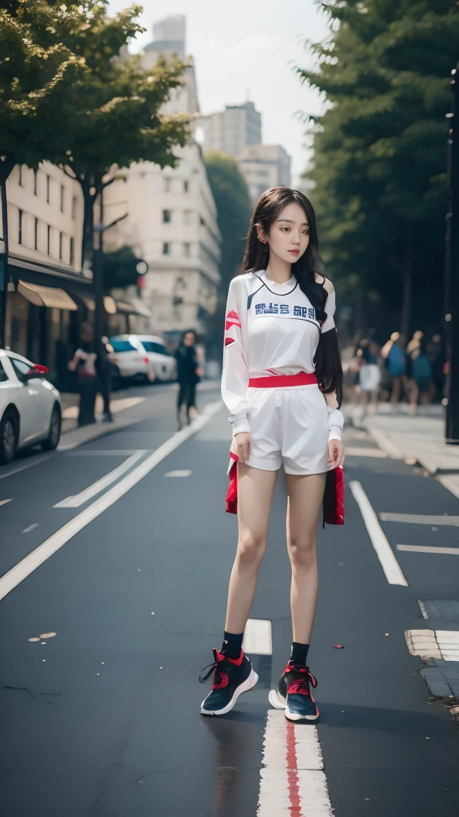 Best quality,masterpiece,16k,A girl,Wear sportswear,Squat on the street,