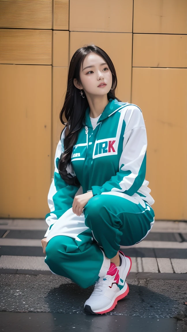 Best quality,masterpiece,16k,A girl,Wear sportswear,Squat on the street,