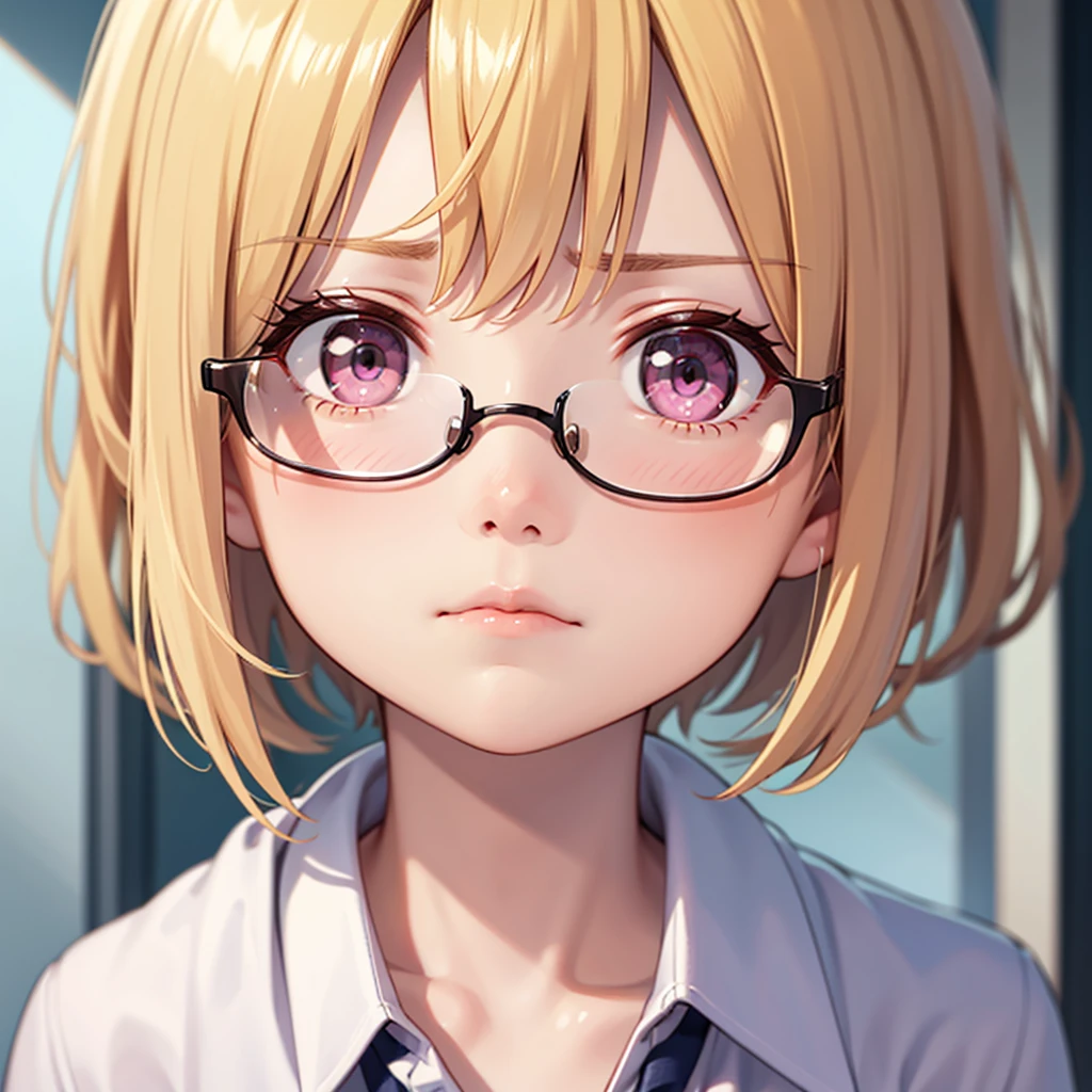 1boy, only one boy, one boy only, frown, blonde hair, pink eyes, looking at the viewer, wearing glasses, , feminine face, alone in school building, close up shot, stand straight, sad expression