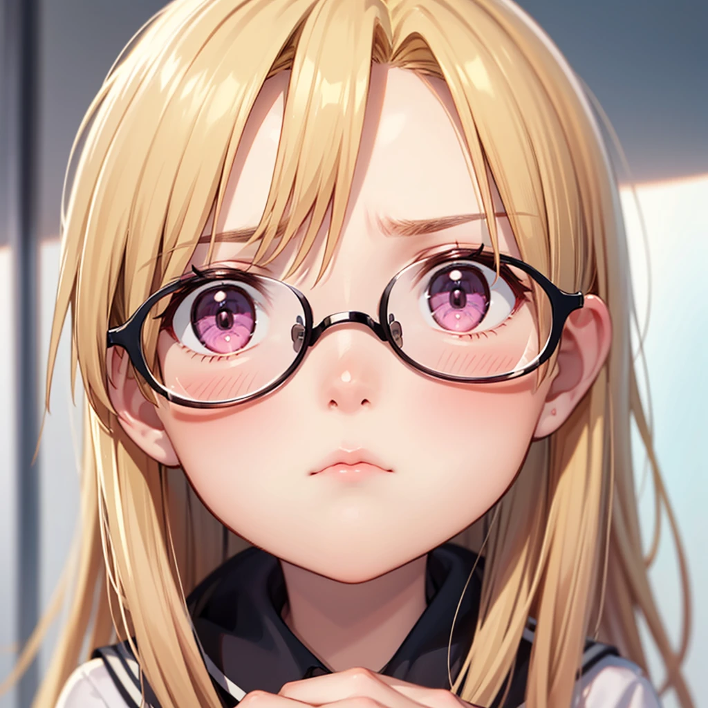 1boy, only one boy, one boy only, frown, blonde hair, pink eyes, looking at the viewer, wearing glasses, , feminine face, alone in school building, close up shot, stand straight, sad expression