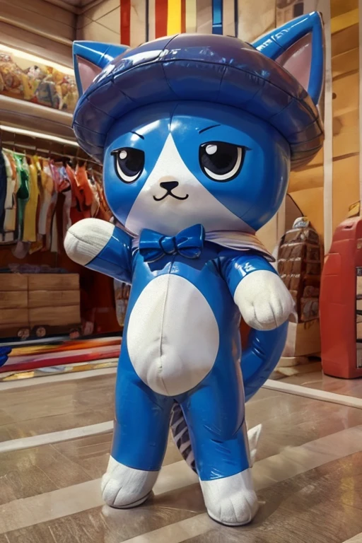 realistic photo, kawaii nyanzaemon, solo, masterpiece, high detail, best shadow, inflatable mascot, shiny vinyl cat, brown hat, blue and white body, full body, blush, claw pose, pink and blue ears