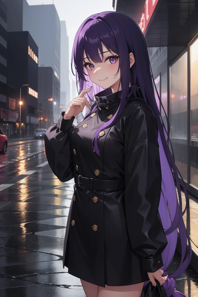 "A girl with long purple hair, standing in the rain, sad smile, idol costume, her hair and clothes are soaked from the rain, rainy cityscape, with raindrops falling around her. The overall mood is melancholic but serene."