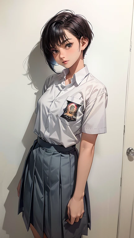 1 woman, , ((buzz pixie haircut)), black eyes, Indonesian high-school uniform, white shirt, osis logo on shirt pocket, medium breasts, grey pleated skirt, half-shot, innocent look