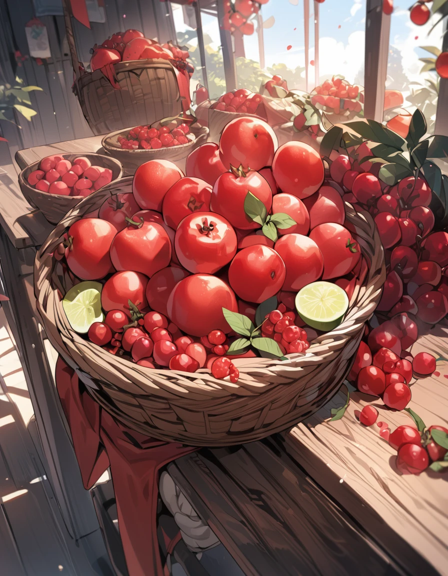 masterpiece, best quality, extremely detailed, anime, Many red fruits, several kinds of red fruits, on a table, red fruits in a basket,