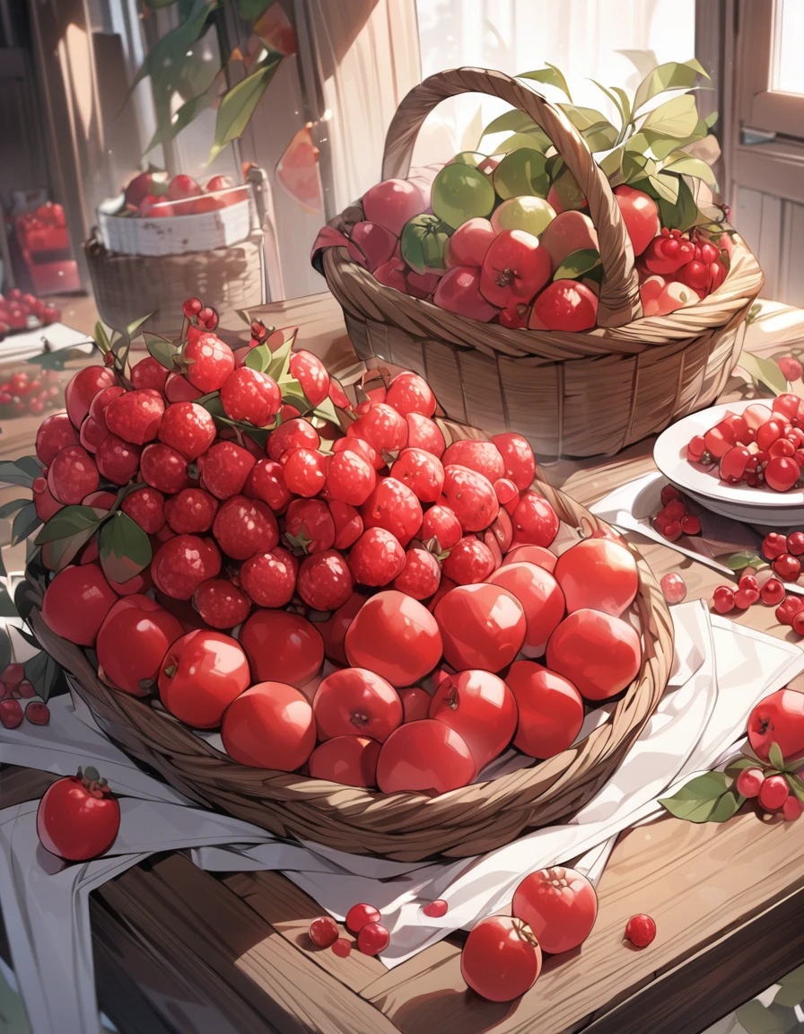 masterpiece, best quality, extremely detailed, anime, Many red fruits, several kinds of red fruits, on a table, red fruits in a basket,