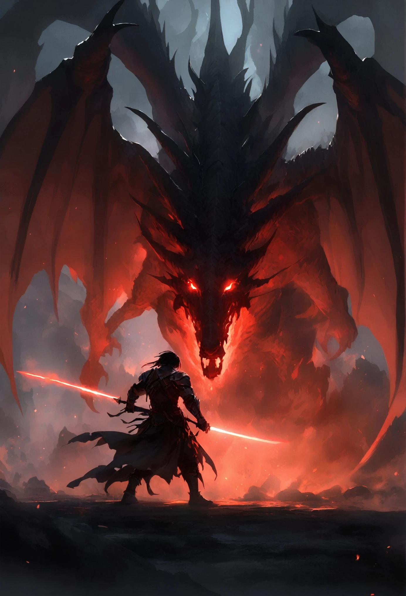 A warrior approaching a dragon with his sword drawn and the dragon with its back in the air and his head low to the ground an its mouth open and glowing red