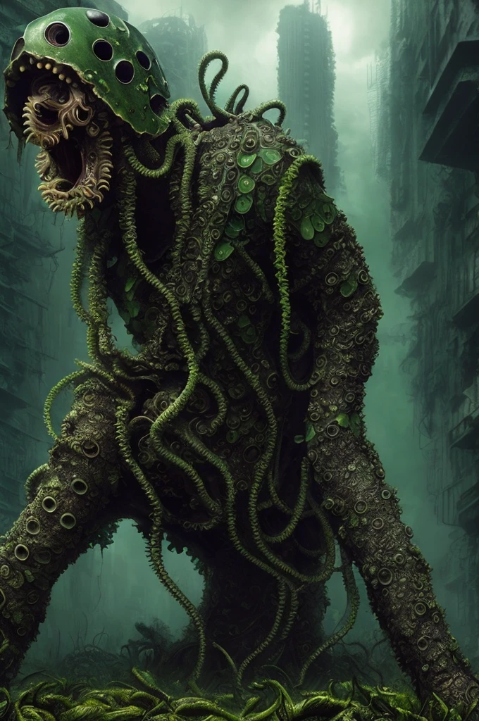 masterpiece, best quality, creature(((human head)), mutated, arms as legs, mouth tentacles, ((crawling))), city ruins (green haze) background,