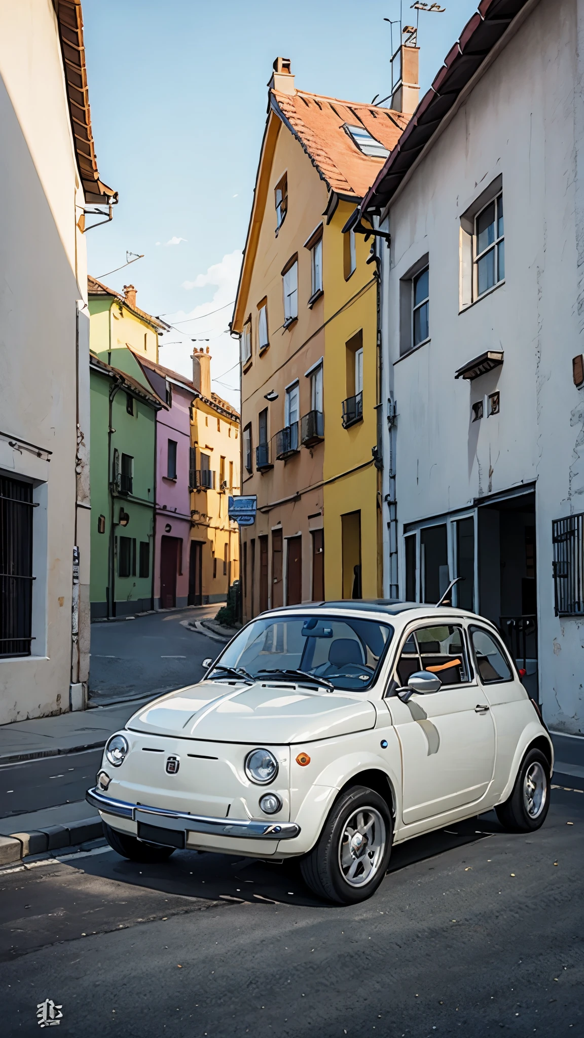 (masterpiece:1.2, Highest quality),(Very detailed),(((Anime Style))),8k,wallpaper,Ultra-fine painting,Fiat 500,Running Sunset,blue sky,(((Ghibli style)))