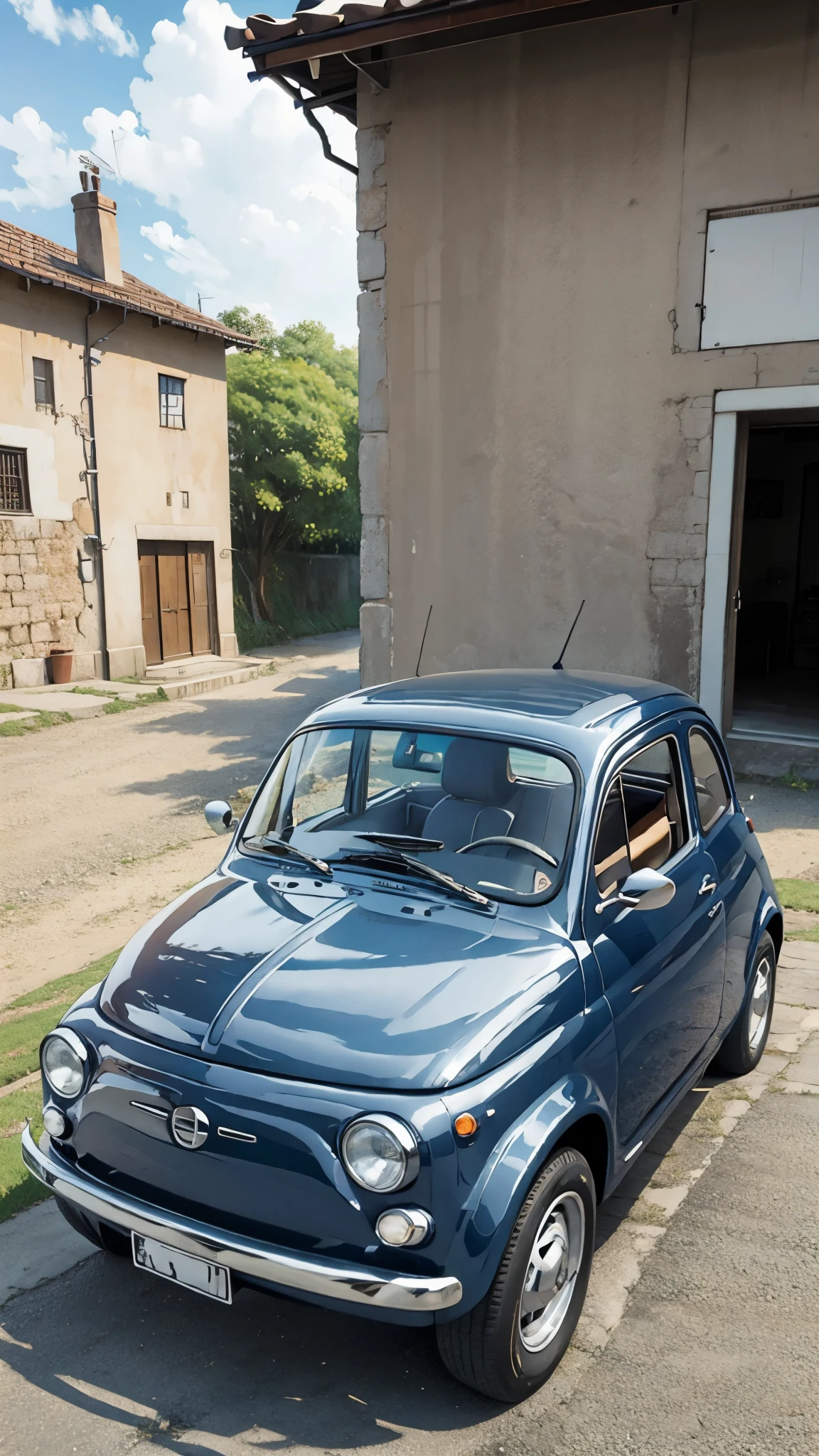 (masterpiece:1.2, Highest quality),(Very detailed),(((Anime Style))),8k,wallpaper,Ultra-fine painting,Fiat 500,Running Sunset,blue sky,(((Ghibli style)))