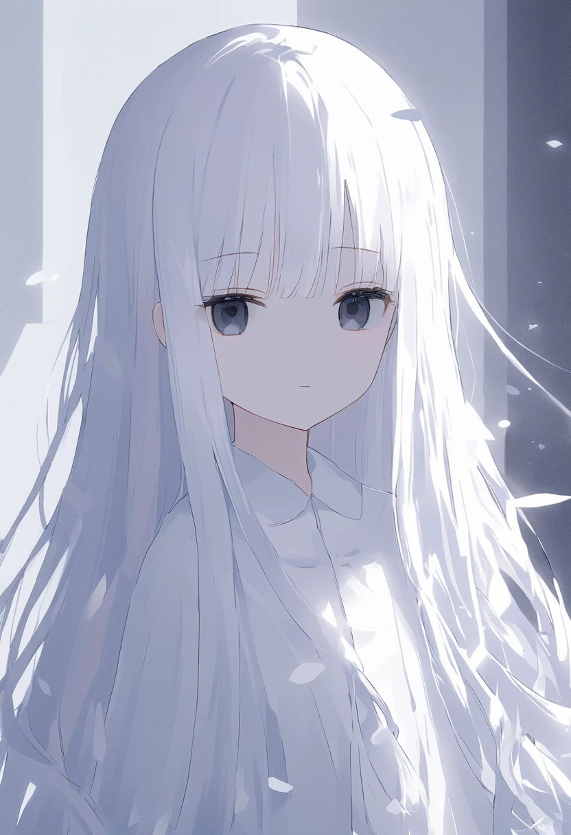 white色、white、Girl、white色の髪、髪がwhite、Long Hair、目の色はwhite色、whiteい目、目がwhiteい、whiteい瞳、white色の目、目の色が全てwhite、全体的にwhite色のGirl、white色のGirl、背景がwhite、white色の背景、white色の部屋、Emotionless、Expressionless