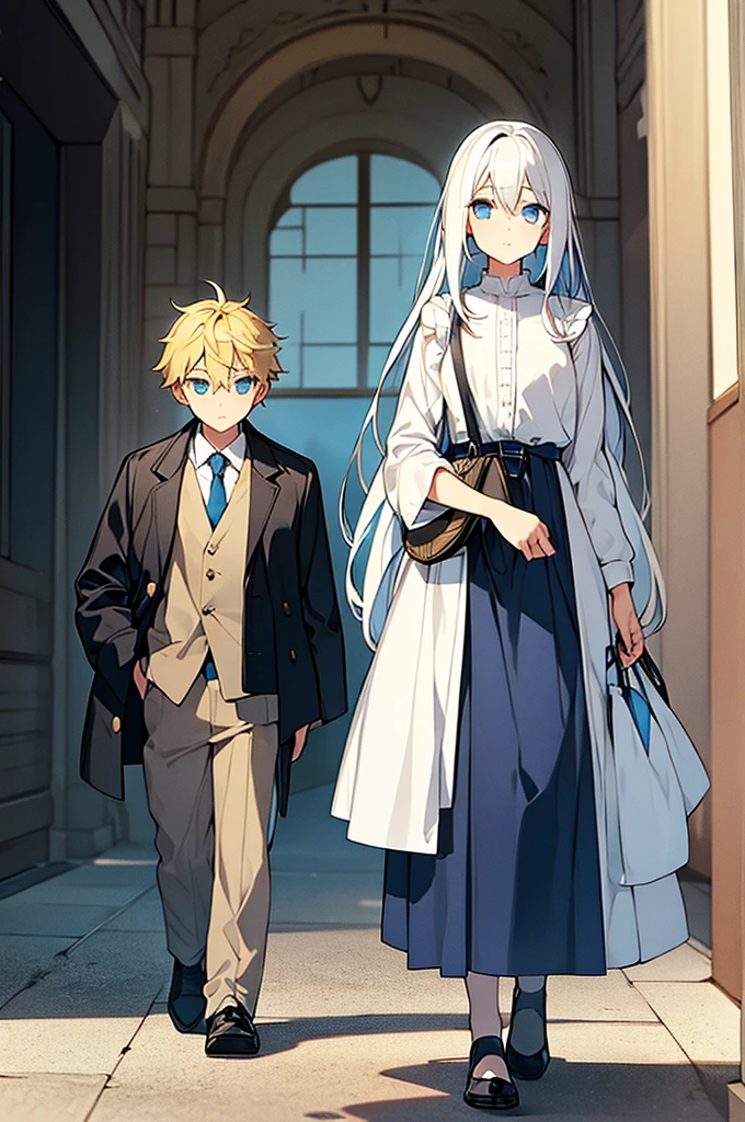 The girl has long blue domain white hair with the boy has blonde hair standing side by side carrying bags