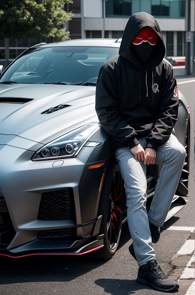 Generate an image of a human with A mask of anonymous crouching in front of the gtr-r35