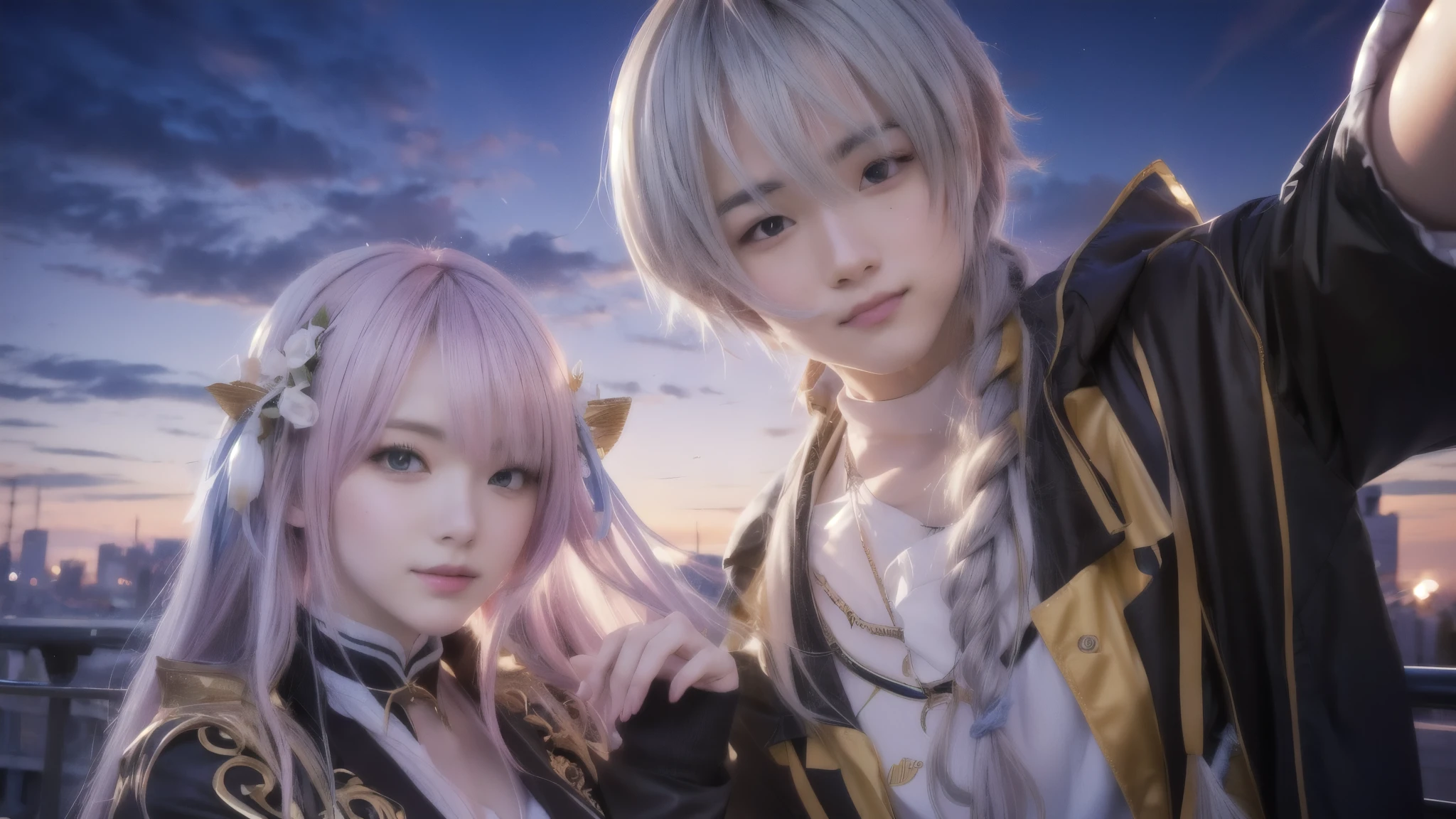 anime characters posing for a picture in front of a city
