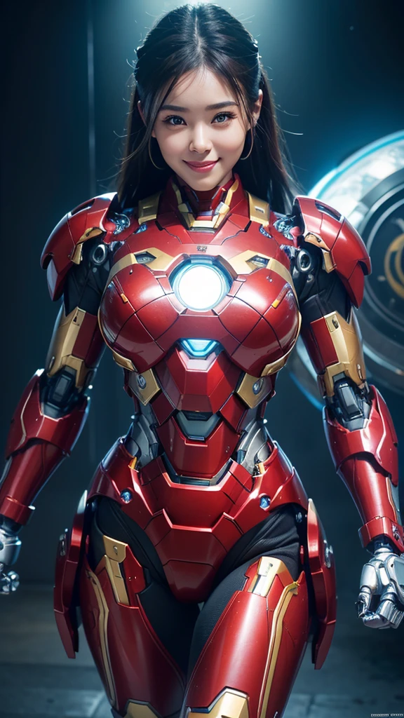 Textured skin, Super Detail, high details, High quality, Best Quality, hight resolution, 1080p, hard disk, Beautiful,(Iron Girl),Beautiful Smile,beautiful cyborg woman,Mecha Cyborg Girl,Battle Mode,Girl with a Mecha Body,She wears an Iron Man mech,powerful cyborg woman,