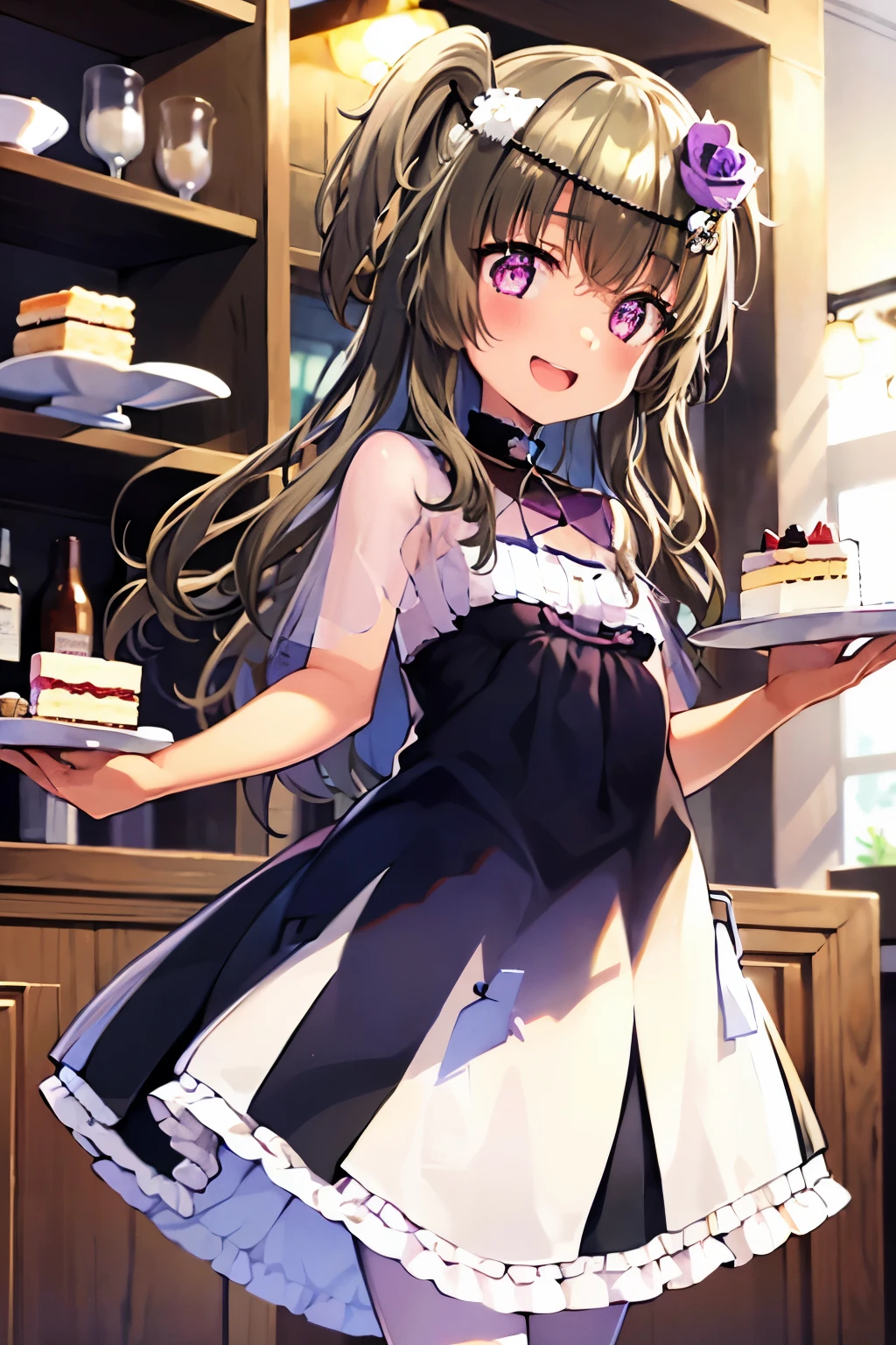 Himari Mei, masterpiece, ****, flat chest, cute and shy smile, highly detailed sparkling brilliant purple eyes, open mouth slightly, standing in deluxe cake shop, Look back and see this, Holding a plate of cake in one hand