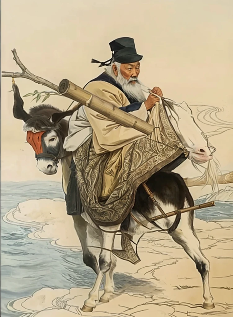 a chinese old man touching his white beard and riding a realistic donkey, holding a bamboo with a Y stick inside the bamboo, donkey walk on cloud, ocean background, 