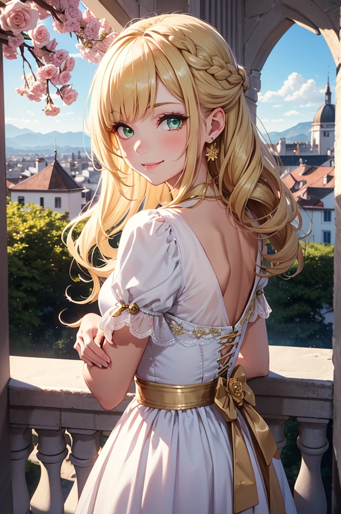 1girl, elaborate blonde updo hairstyle with bangs, almond shaped green eyes, wearing a white regency inspired dress with simple gold, and flower accessories, slight makeup, rose lipgloss, smiling softly, absurdres, high res, ultrasharp, 8k, masterpiece, standing on a terrace, infront of a beautiful landscape, vibrant blue sky in the background