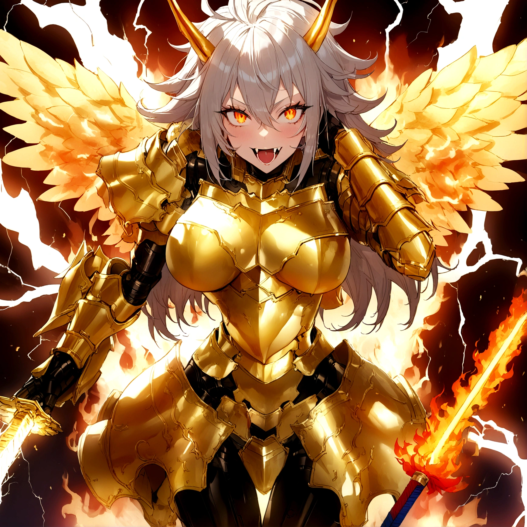 ((Lightning Power)), ((Electricity)), ((Fire Background)), ((Lightning Storm)), ((Power Erupting)), ((Explosion)), ((((android 21 Evil)))), (((white Coat))), (((Busty))), (((((Big breast:1,3)))), luxury bustier corset, (((silver hair))), (((Very slim waist))), propotional body, ((Gorgeous)), (((Fire Blazing Horns))), ((((gold wings))), masterpiece, hyperdetail, ambient effect, digital effect, (((Fangs))), (((FIRE SWORD)), (((Lightning Sword))), (((Fire Gold Armor))), (((Lightning Gold Wings)))