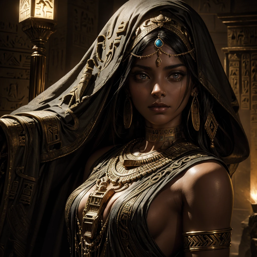 A well-preserved ancient Egyptian female mummy emerging from her sarcophagus, beautiful detailed face, sinister atmosphere, mysterious burial chamber, intricate hieroglyphic details, dramatic lighting, photorealistic, cinematic, (best quality,8k,masterpiece:1.2),ultra-detailed,(realistic,photorealistic:1.37),dramatic lighting,moody atmosphere,dark shadows,ancient Egyptian architecture,ornate sarcophagus,hieroglyphic inscriptions,dramatic fog or mist,dramatic camera angle