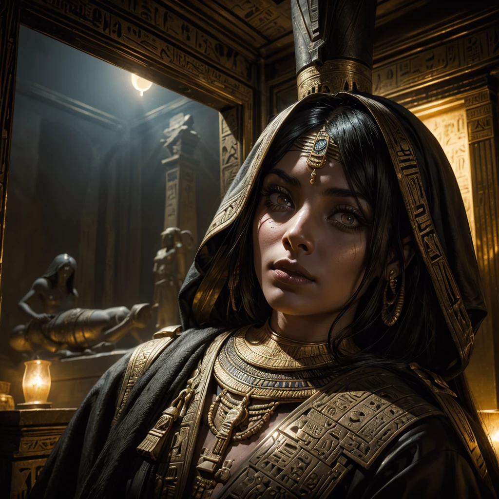 A well-preserved ancient Egyptian female mummy emerging from her sarcophagus, beautiful detailed face, sinister atmosphere, mysterious burial chamber, intricate hieroglyphic details, dramatic lighting, photorealistic, cinematic, (best quality,8k,masterpiece:1.2),ultra-detailed,(realistic,photorealistic:1.37),dramatic lighting,moody atmosphere,dark shadows,ancient Egyptian architecture,ornate sarcophagus,hieroglyphic inscriptions,dramatic fog or mist,dramatic camera angle