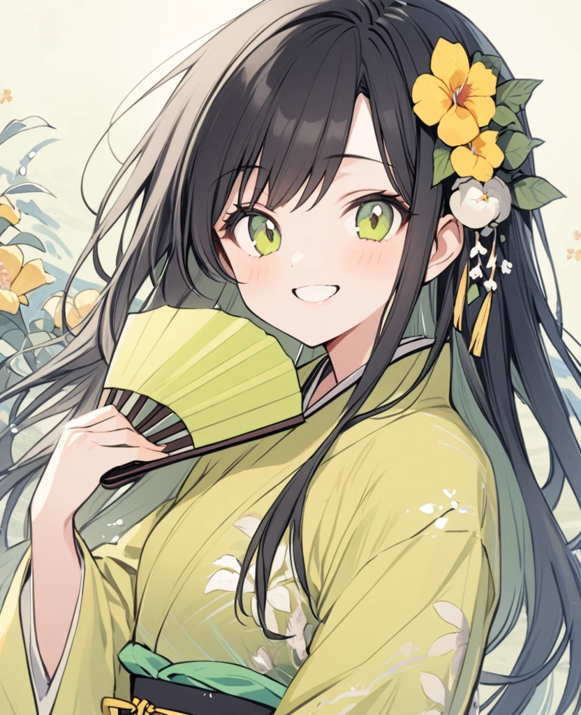 A girl wearing a yellow-green kimono、Long black hair、Straight hair、Flower Hair Ornaments、Smiling with teeth showing、Holding a folding fan