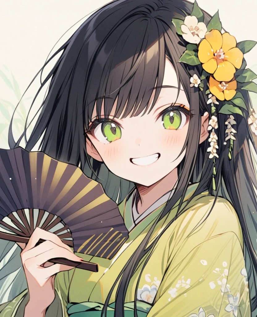 A girl wearing a yellow-green kimono、Long black hair、Straight hair、Flower Hair Ornaments、Smiling with teeth showing、Holding a folding fan