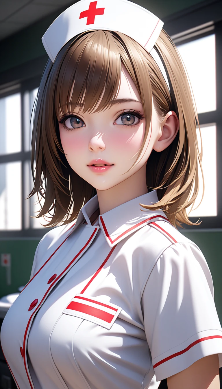 Ultra HD、Photorealistic,Gal in a nurse's uniform、Brown skin、(Stylish underwear)、20-year-old