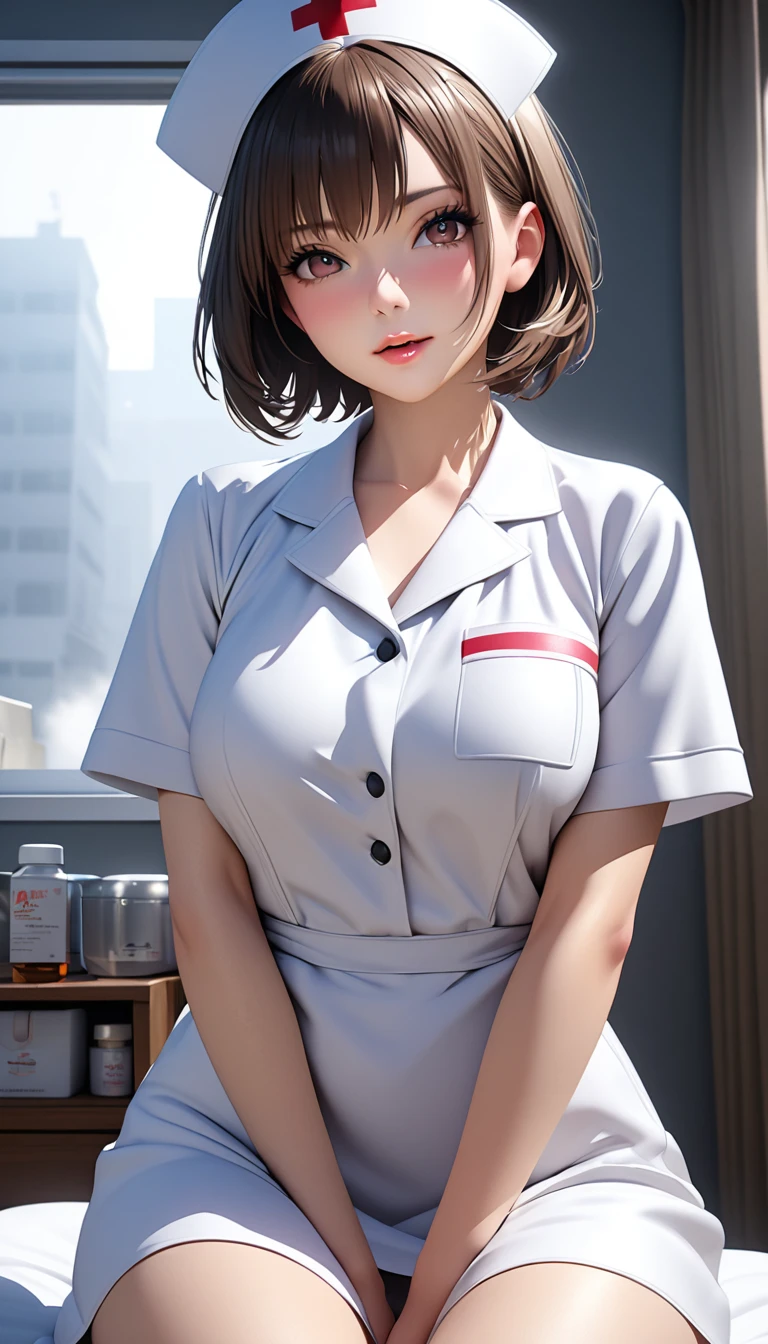 Beautiful girl wearing a white rubber high-neck nurse uniform（20th Generation）She has short hair, wears glasses and long patent leather gloves.